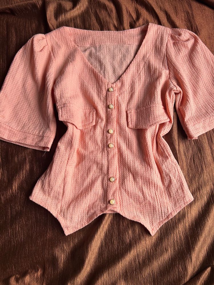 Chic Pink Textured Button-Up Top