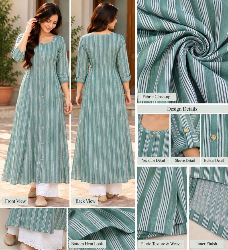 Sea Green Striped Cotton Kurta