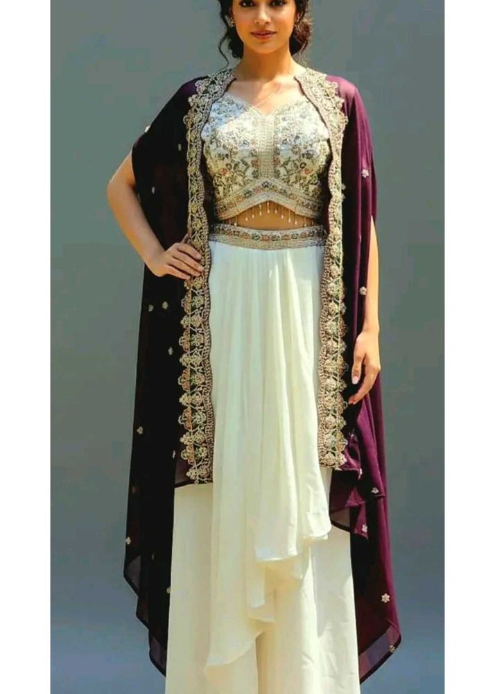Embroidered Crop Top &amp; Palazzo Set with Cape