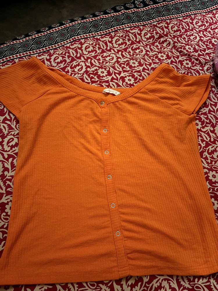 Orange Button-Up Ribbed Top