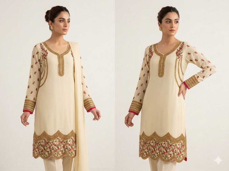 Elegant Cream Kurta Set with Embroidery