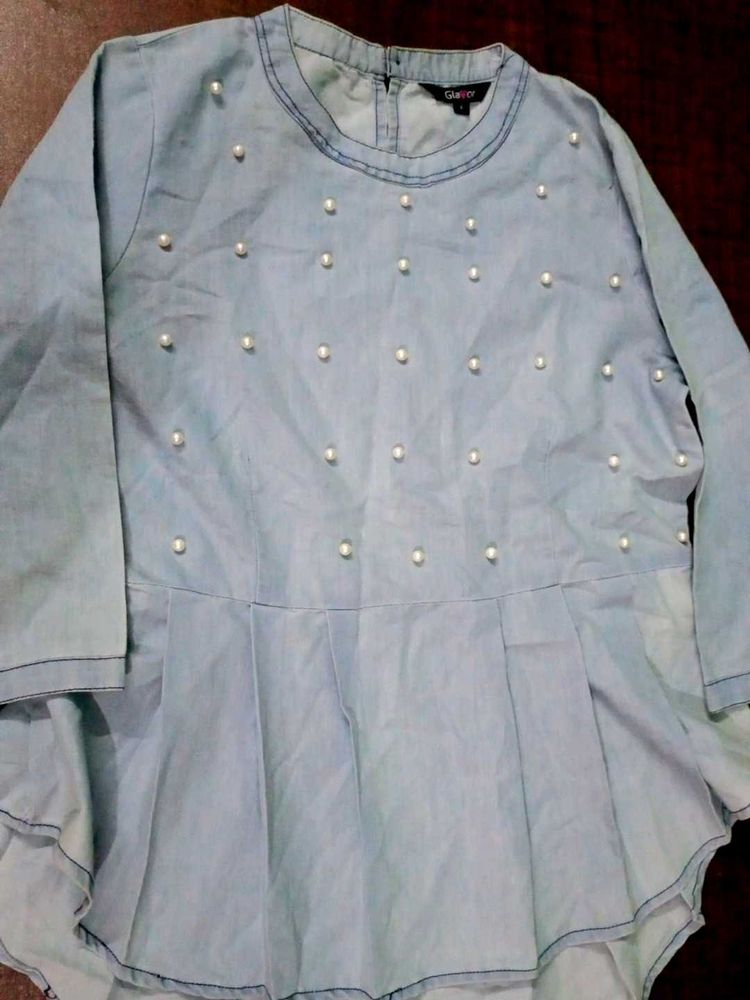 Denim Pearl Embellished Top