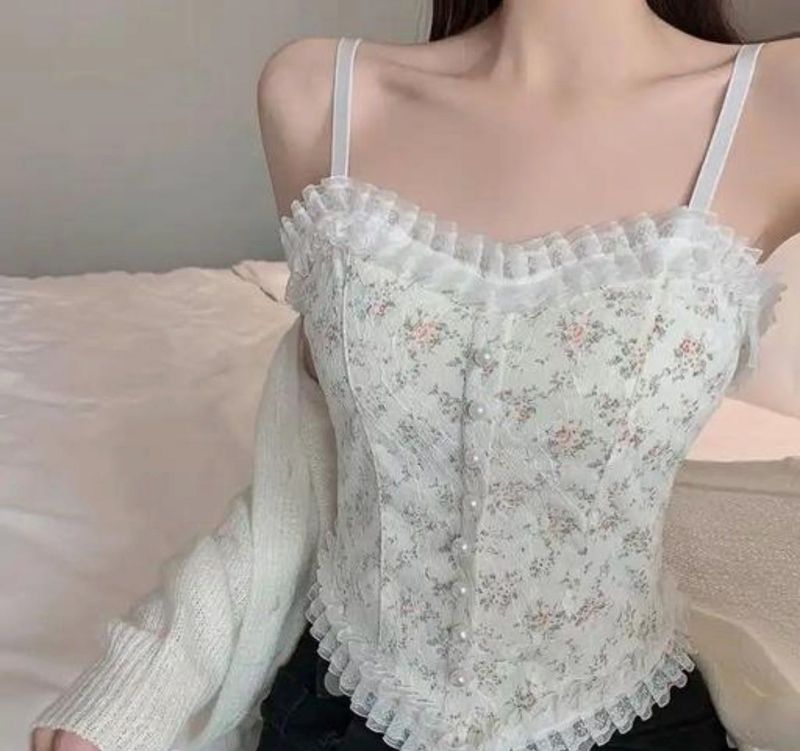 Floral Corset Top with Lace Trim