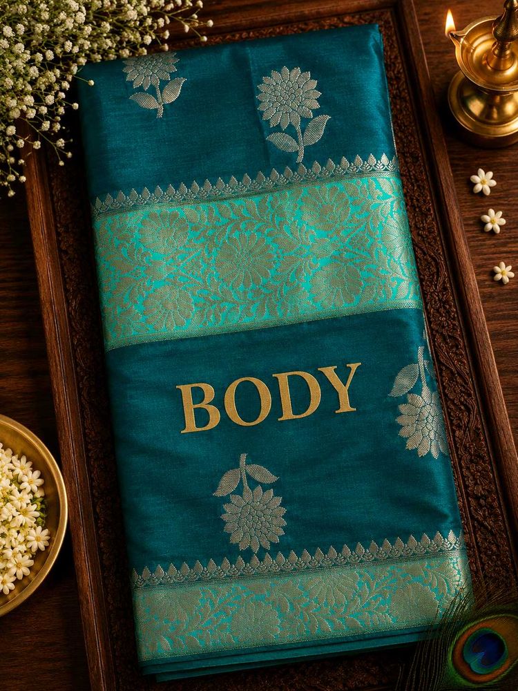 Teal Mashru Silk Saree with Floral Motifs