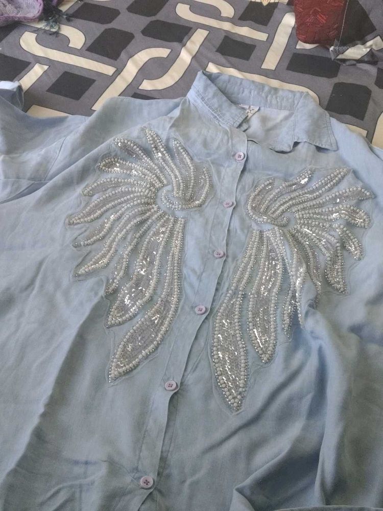 Light Blue Beaded Angel Wing Shirt