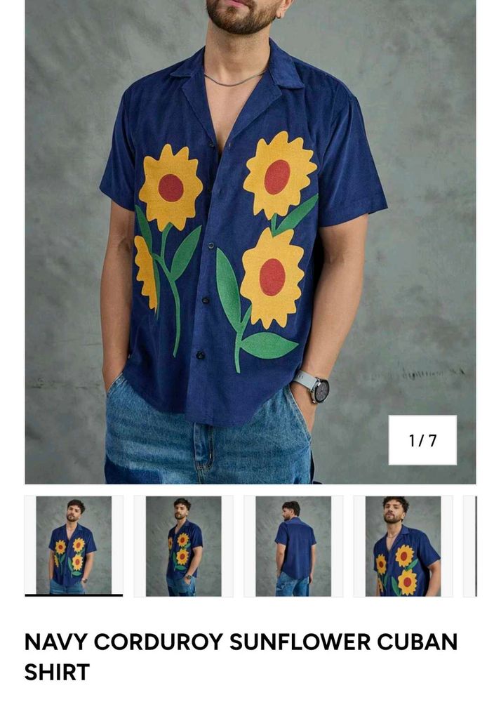 Navy Corduroy Sunflower Cuban Shirt