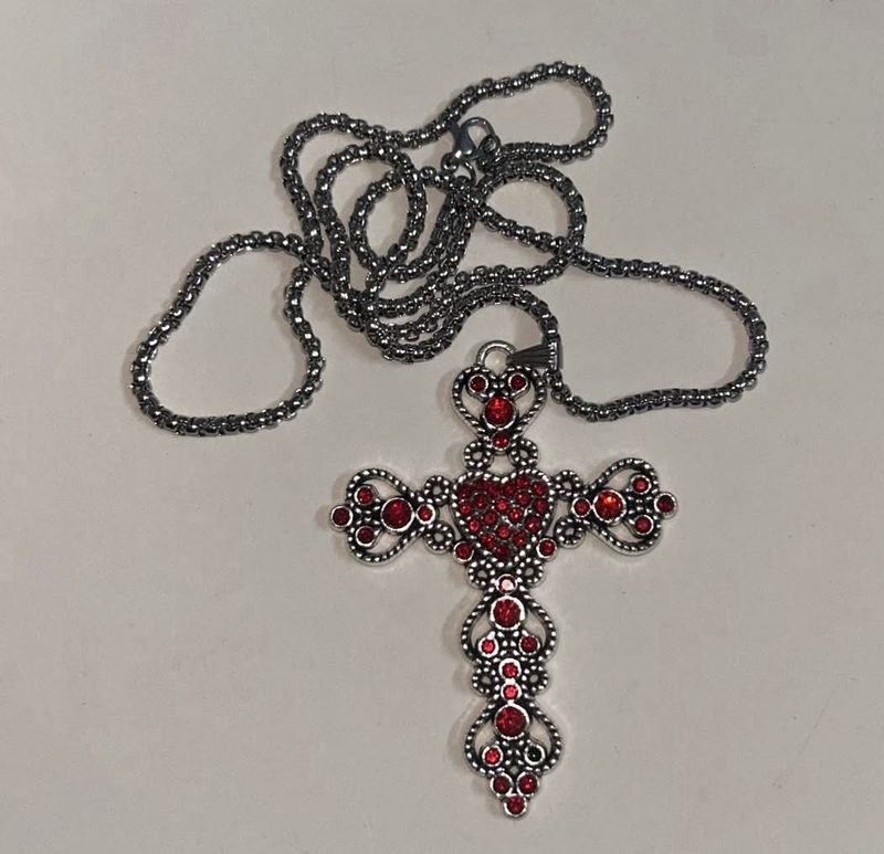 Gothic Cross Necklace with Red Gems