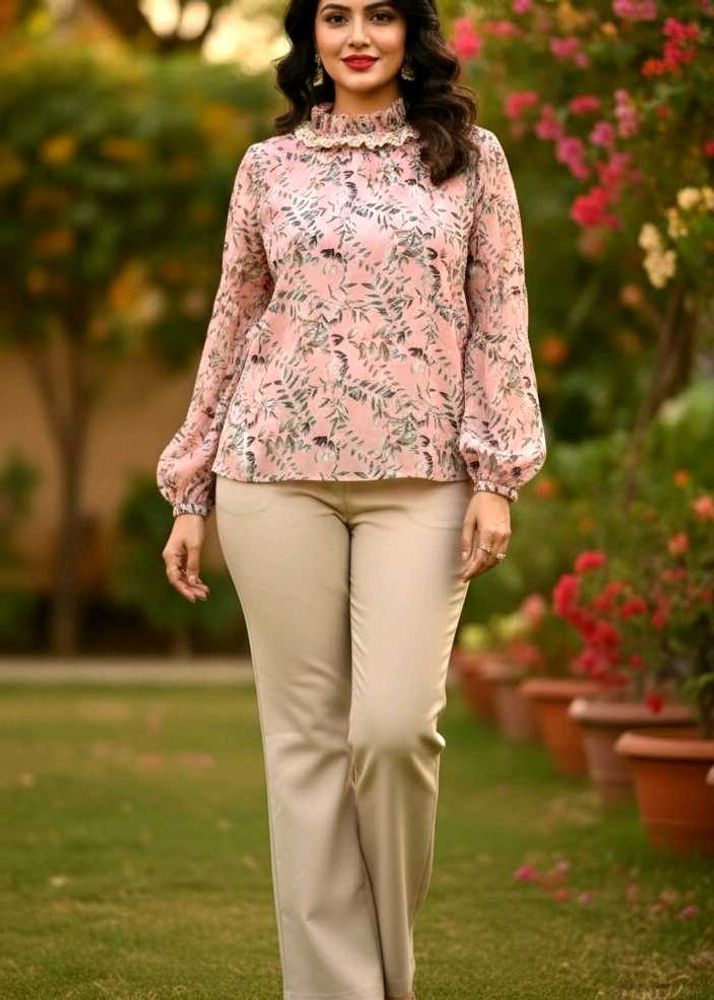 Floral Print Ruffle Neck Blouse