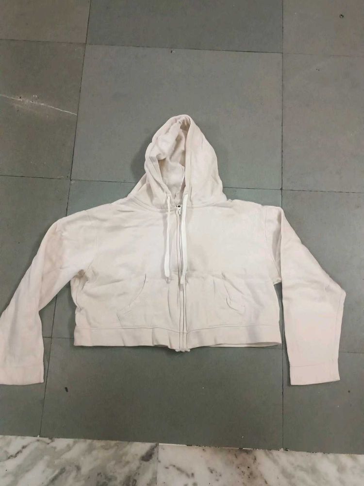 Cream Cropped Zip-Up Hoodie