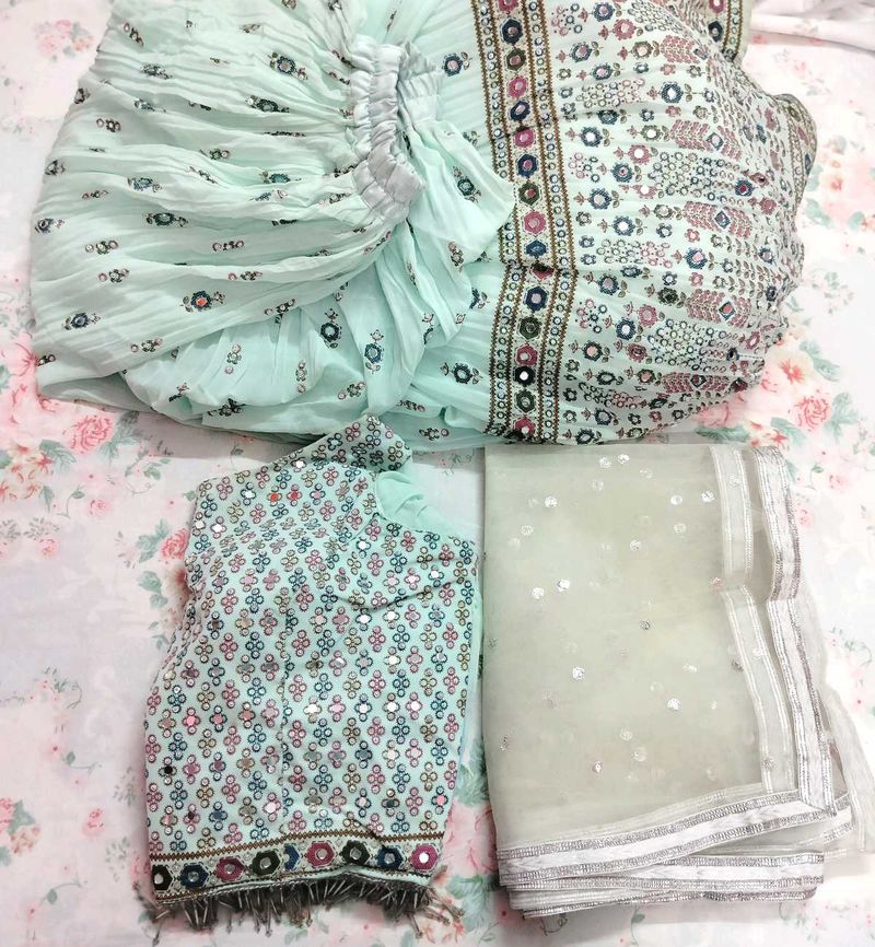 Mint Green mirror work Lehenga Set
