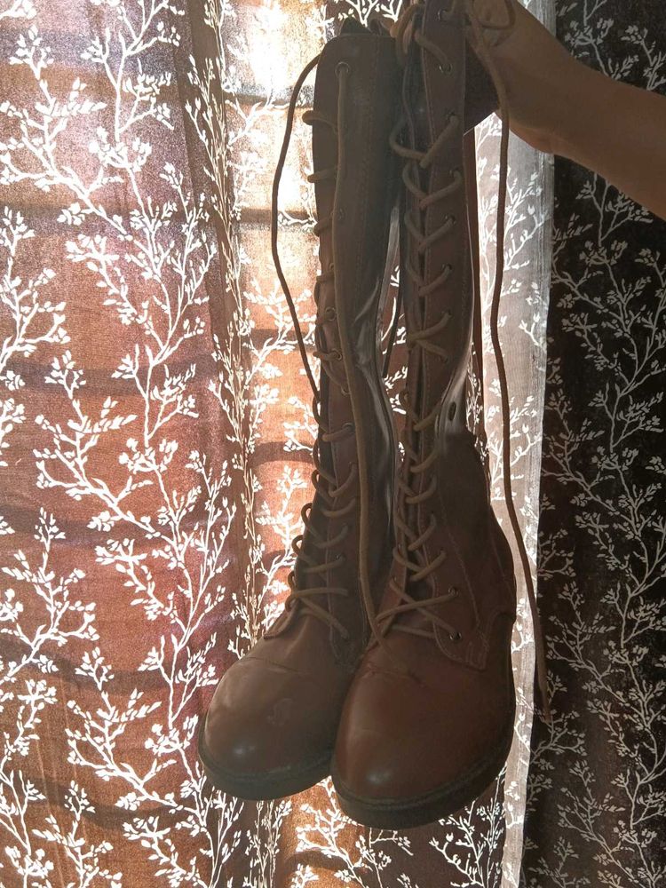 Brown Lace-Up Knee-High Boots