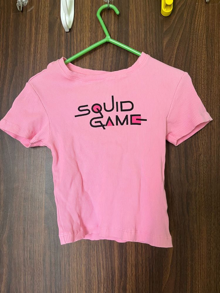 Pink Ribbed “Squid Game” Graphic Crop Top