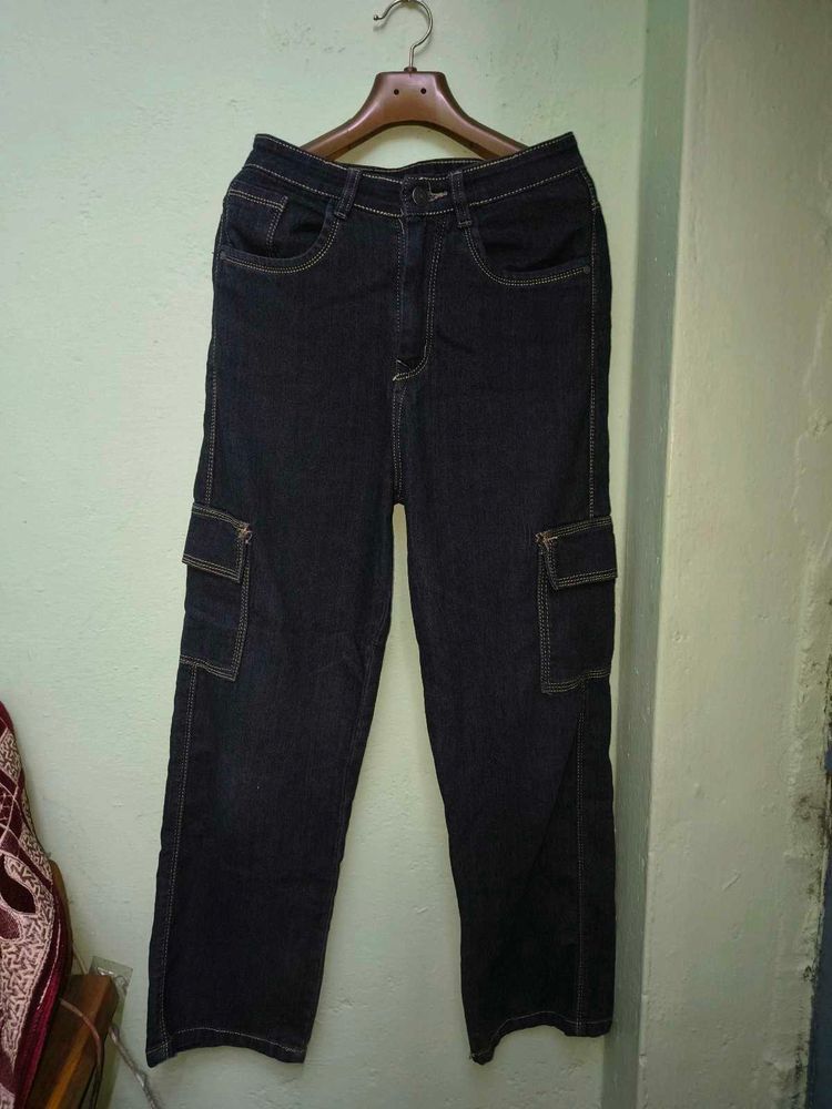 Straight Fit Dark Wash Cargo Jeans