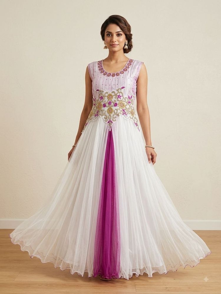 Elegant White &amp; Pink Embroidered Gown