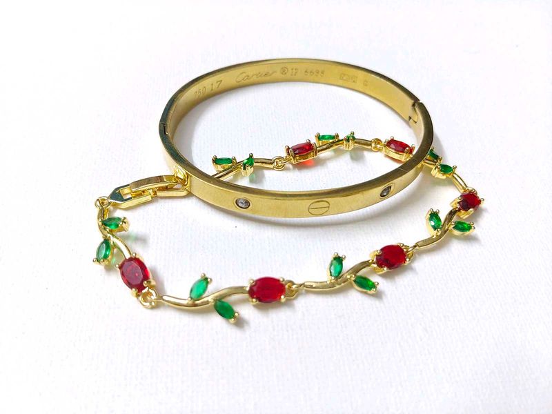 Elegant Gold Bracelet with Red &amp; Green Stones