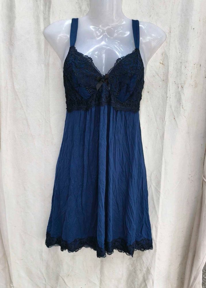 I. Lace Trimmed Navy Night Slip Dress