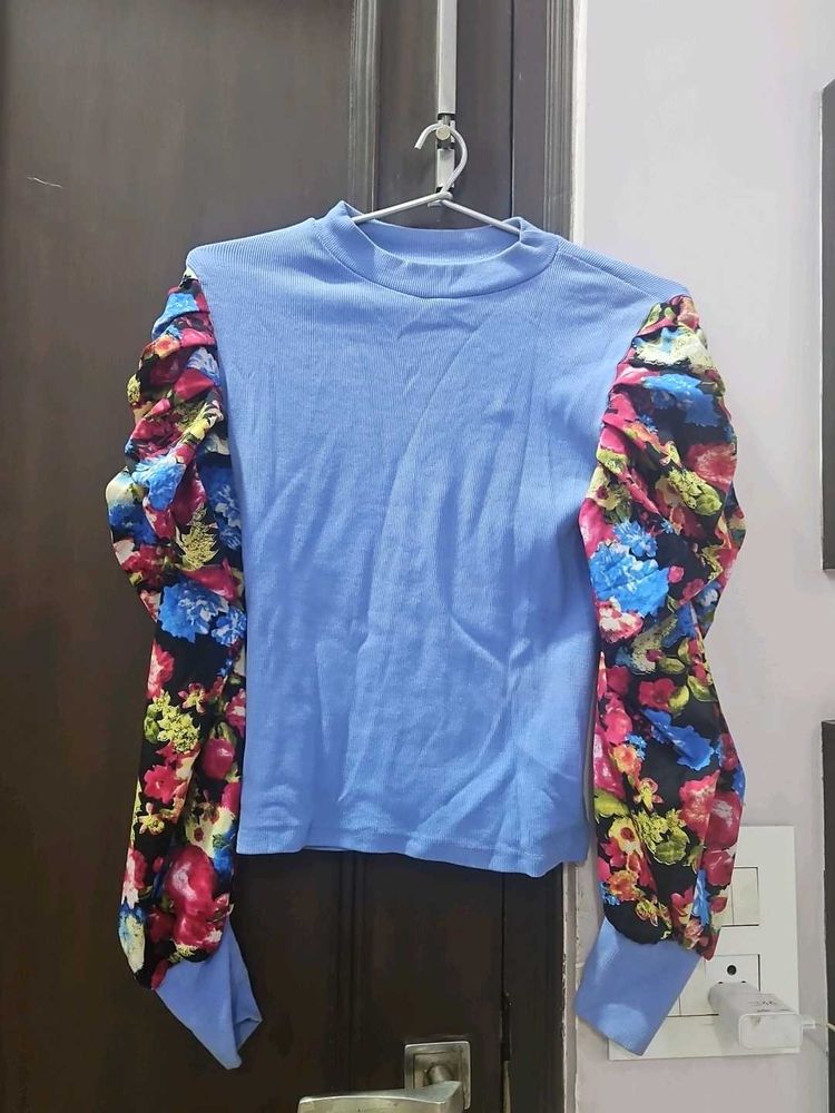 Blue Top with Floral Puff Sleeves