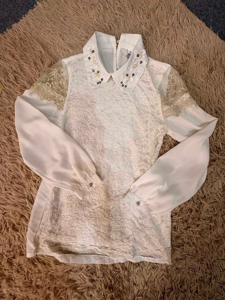 Elegant White Lace Blouse with Pearl Collar