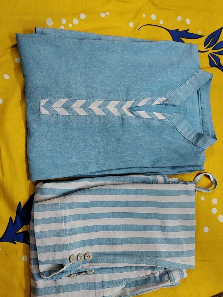 Blue &amp; White Striped Kurta Set