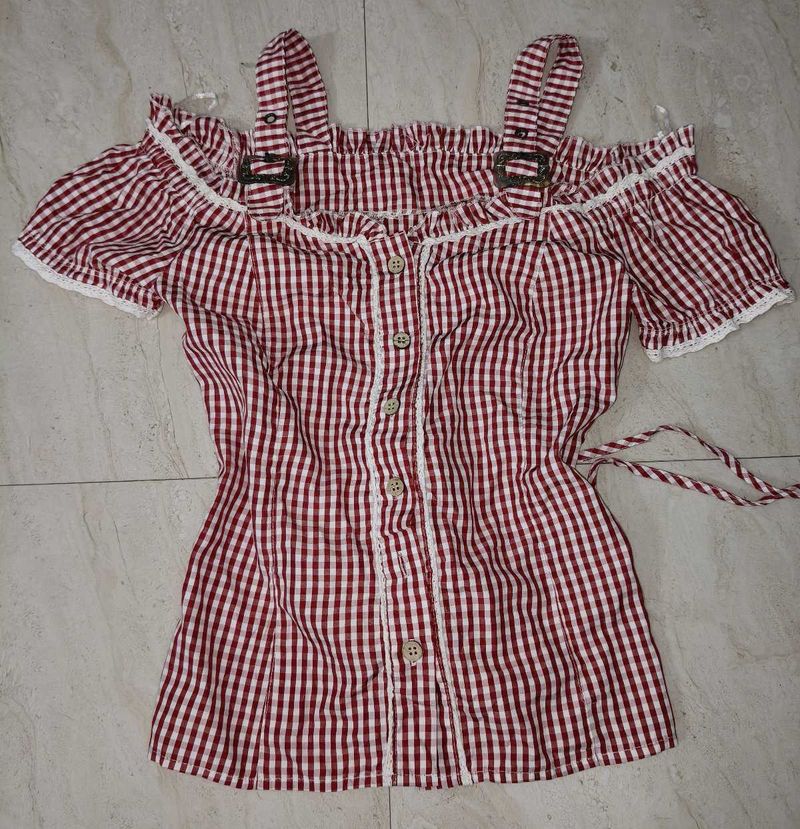 Korean Gingham Off Shoulder Top