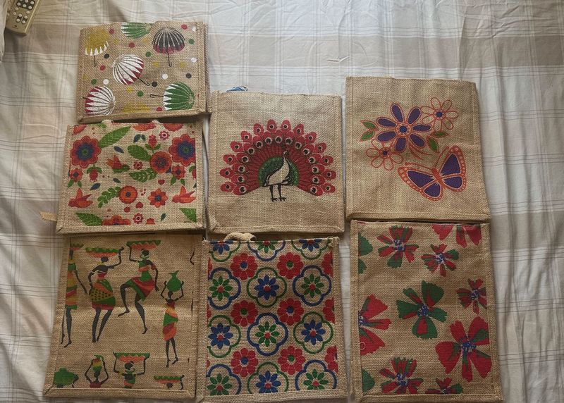 Set of Jute Pouches with Unique Prints