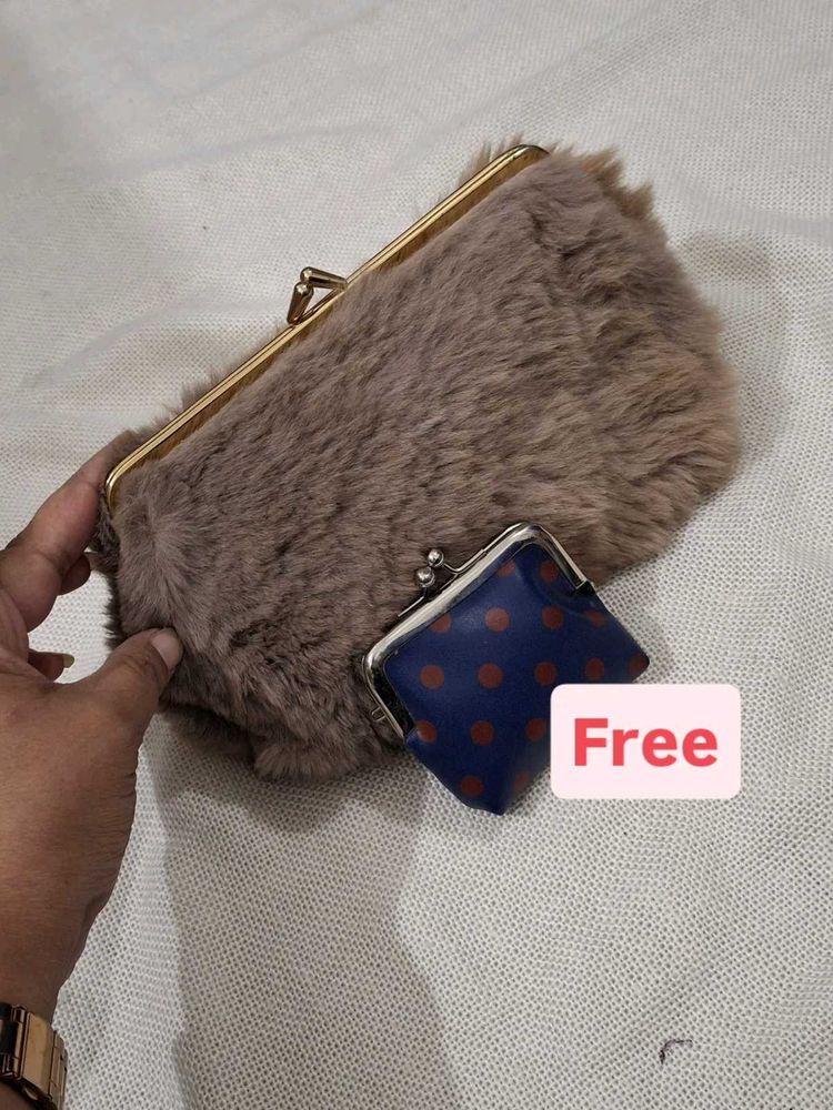 real Fuzzy Clutch with Coin Pouch