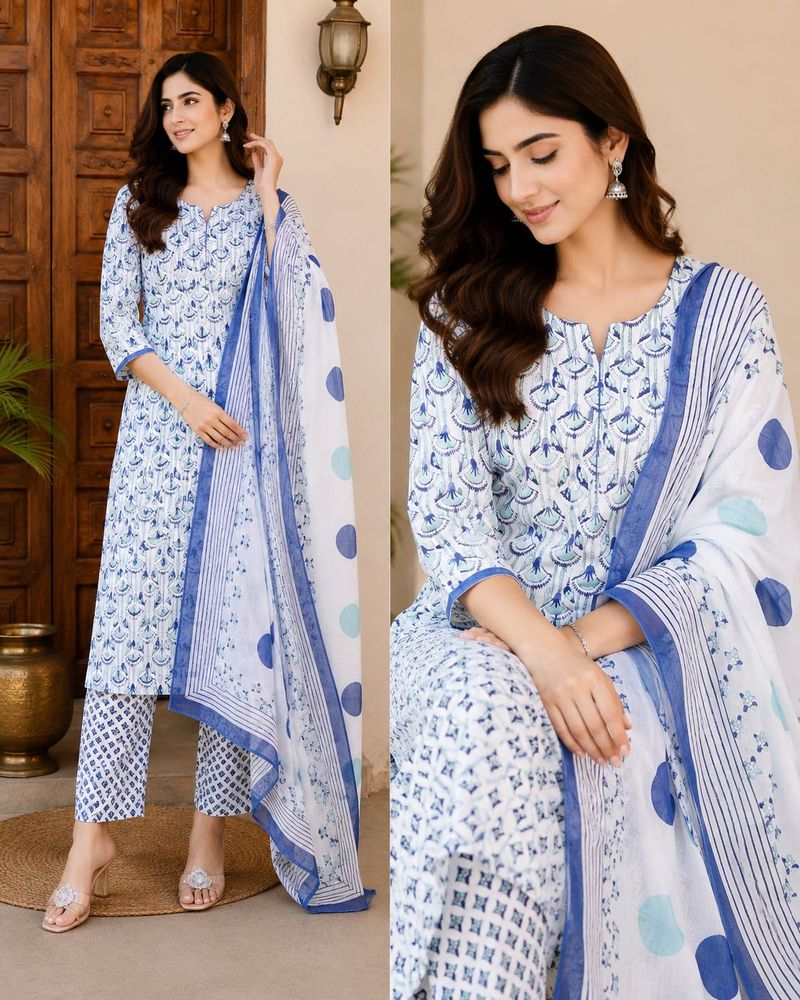 Blue &amp; White dress material with Dupatta