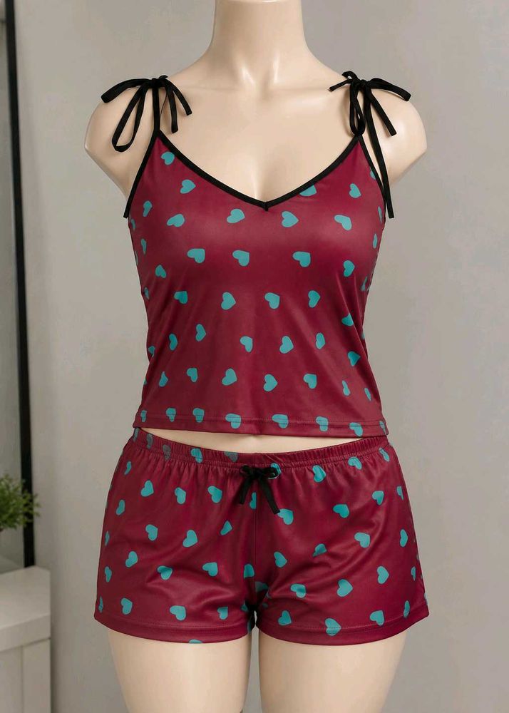 Cute Maroon Heart-Print 💚 Cami Top &amp; Shorts Set