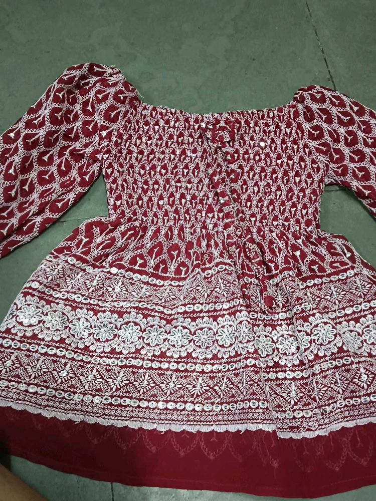 Off-Shoulder Smocked Top - Burgundy