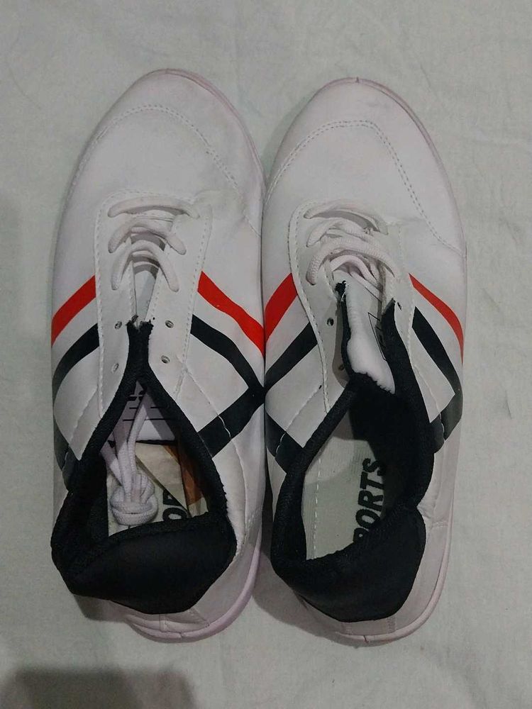White Sports Shoes with Red &amp; Black Stripes