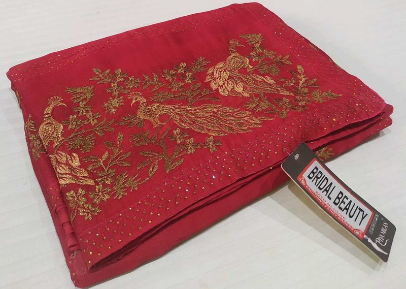 Stunning Red Saree with Golden Peacock Embroidery