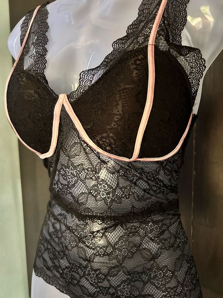 Lace Bralette with Pink Trim
