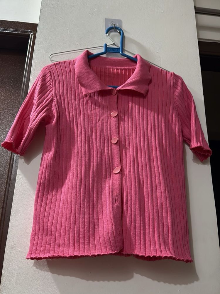 Pink Ribbed Knit Button-Up Top