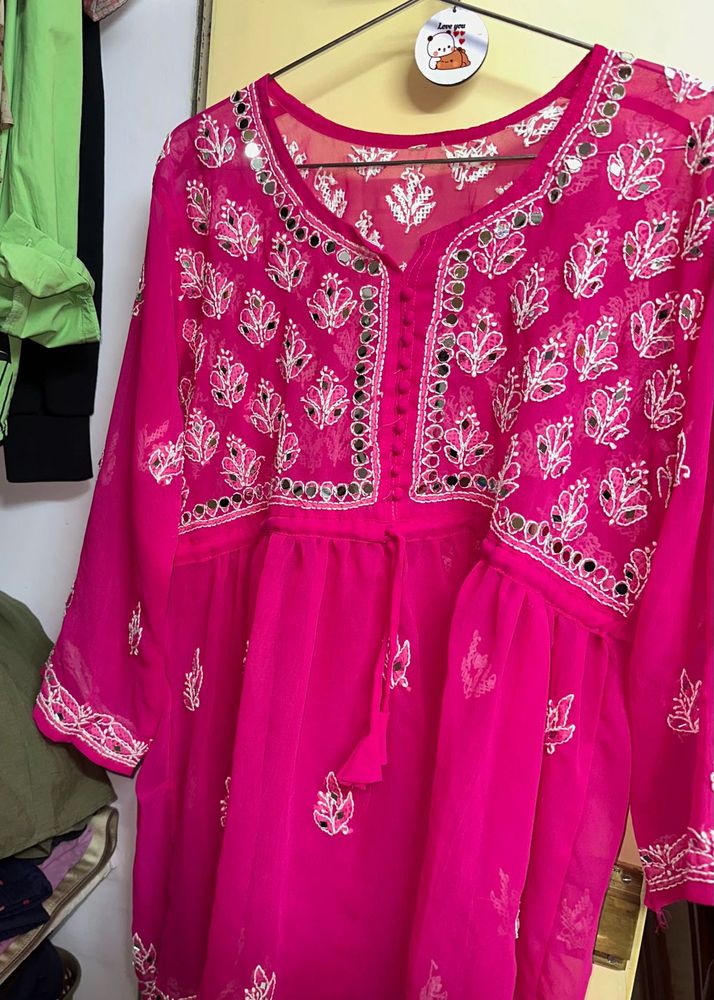 Vibrant Pink Embroidered Kurta with Mirror Work