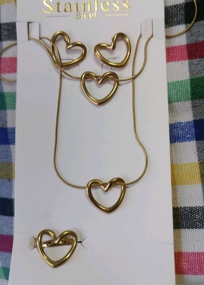 Gold Heart Necklace, Earrings &amp; Ring Set