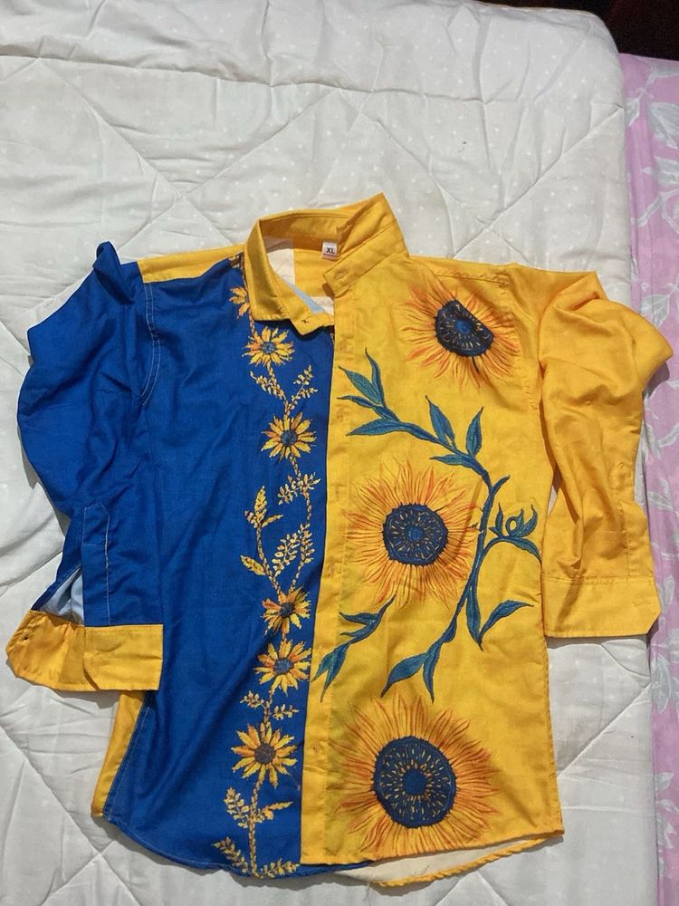 Sunflower Print Button-Up Shirt