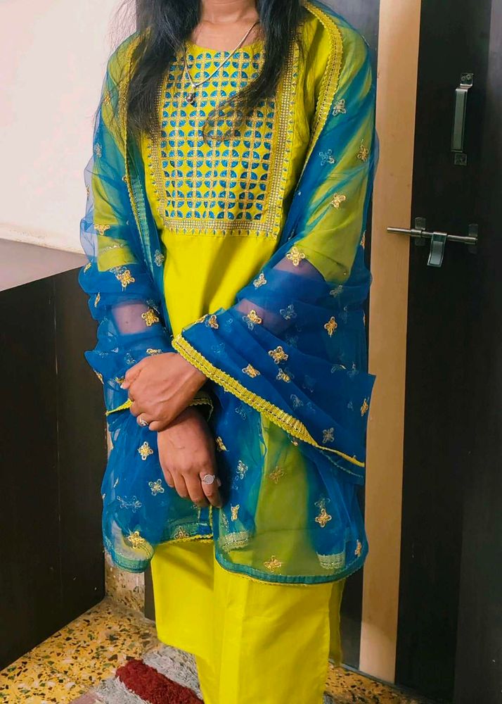 Vibrant Yellow &amp; Blue Indian Kurta Set
