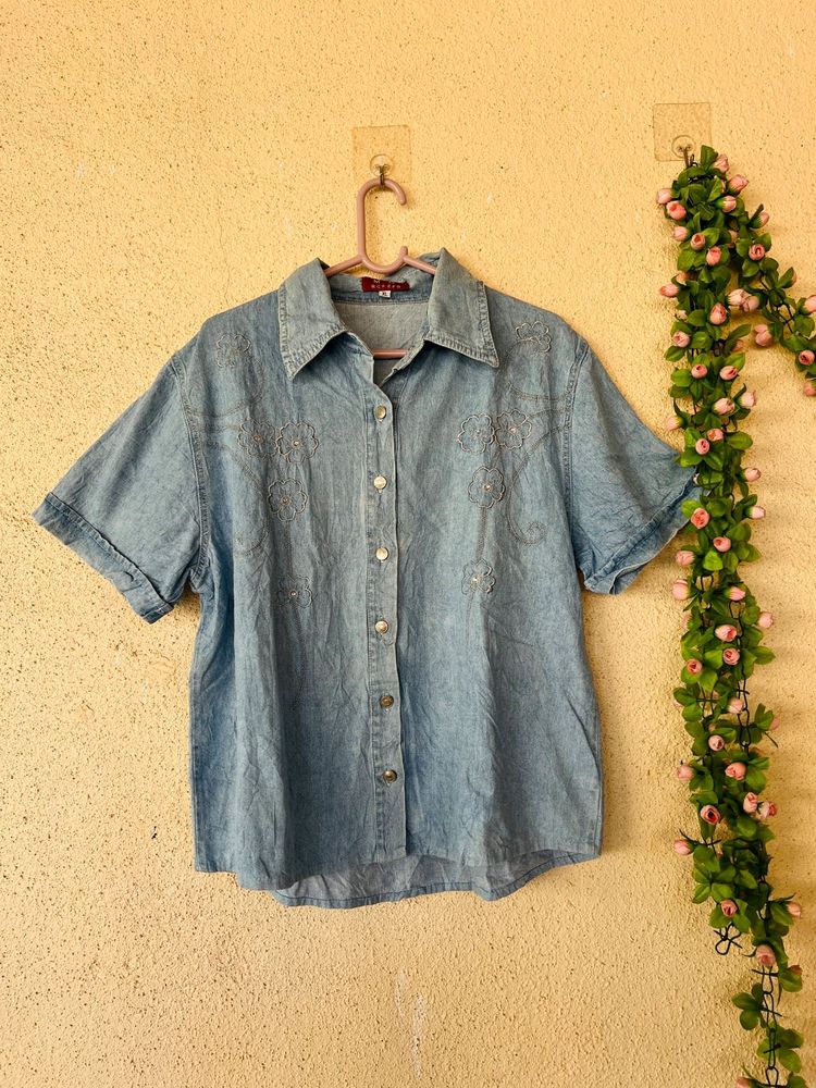 Embellished Denim Button-Up Shirt