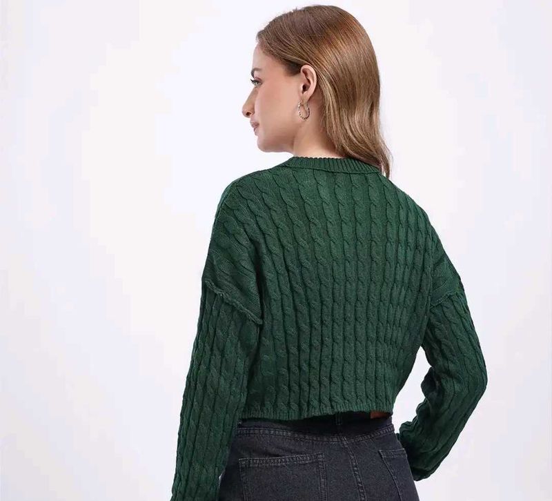 Green Cable Knit Cropped Sweater