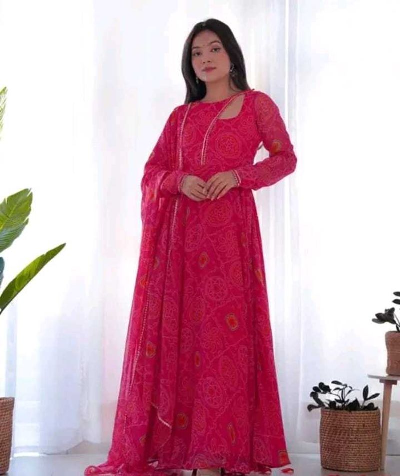Pink Bandhej Full Gher Kurta Set with Dupatta😍💓