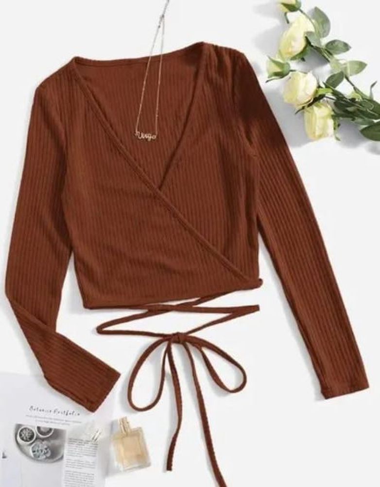 Wrap-Front Ribbed Knit Top
