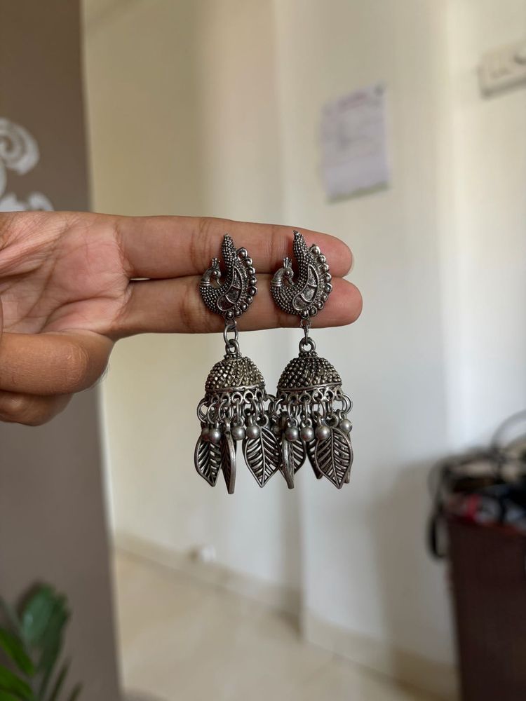 Oxidised Silver Peacock Jhumka Earrings