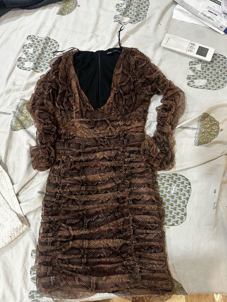 Brown Snake Print Ruched Dress