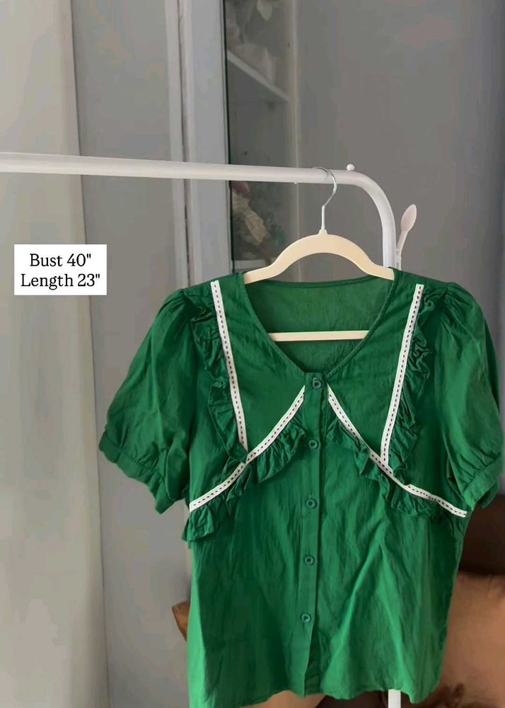 Korean Chic Green Button-Up Blouse