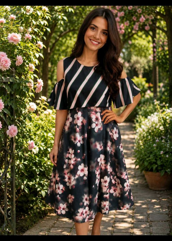Chic Striped &amp; Floral Cold Shoulder Dress