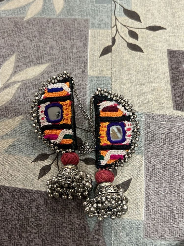 Boho Embroidered Jhumka Earrings