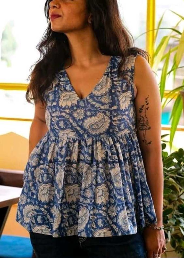 Blue Paisley Print Tiered Top
