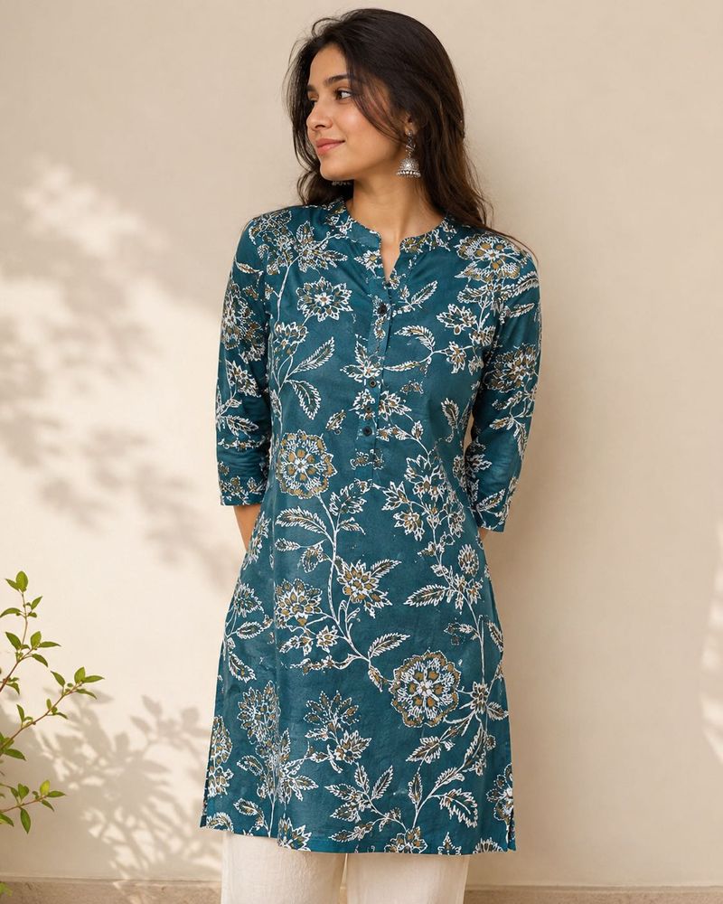 Teal blue printed long kurti
