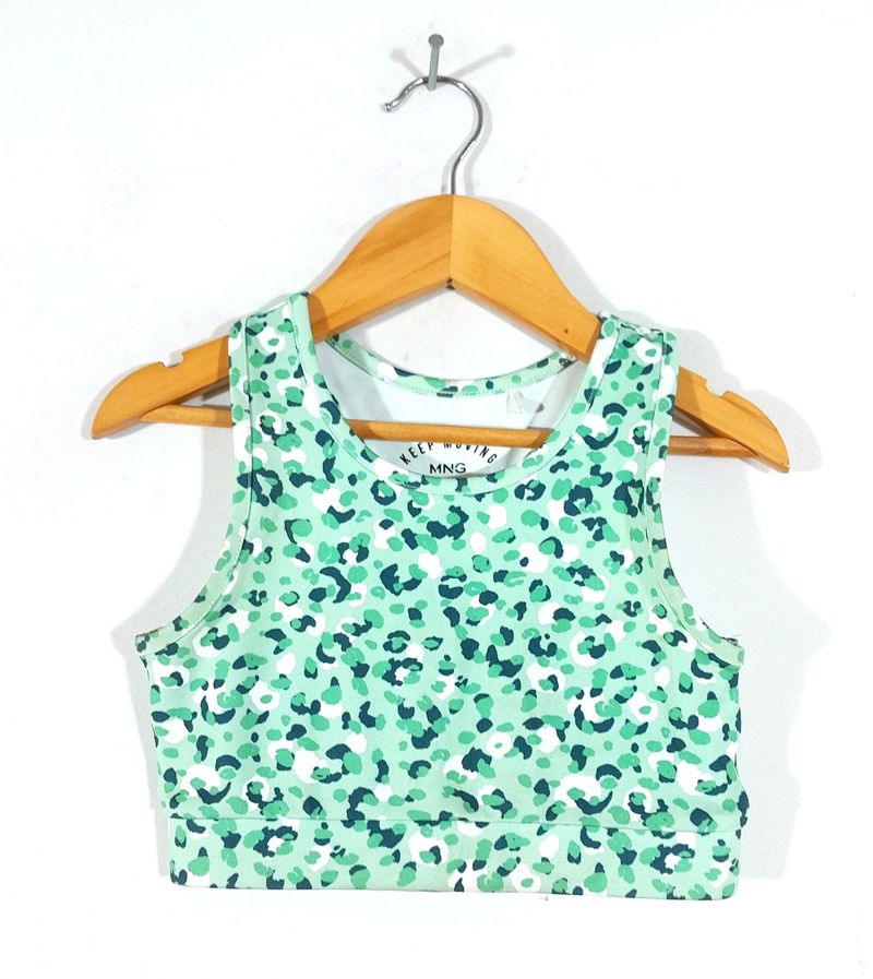 Green Printed Active Wear Top For Girl's