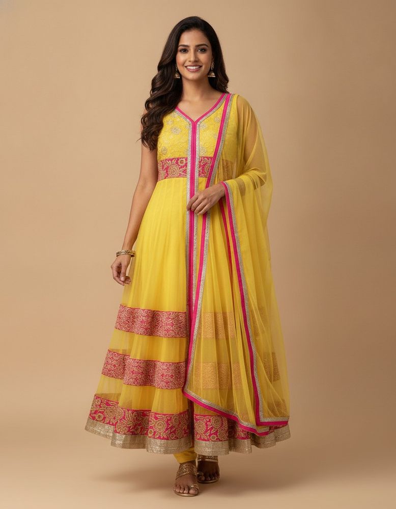 Vibrant Yellow Kurta Set with Pink Embroidery